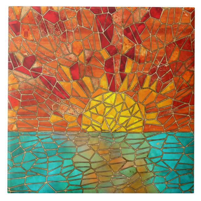 Sonnenaufgang über Meeresmosaikkunst Fliese (Vorderseite)