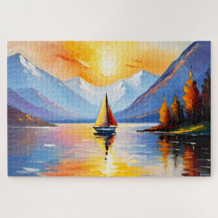 Sonnenaufgang über See und schneebedeckte Berge