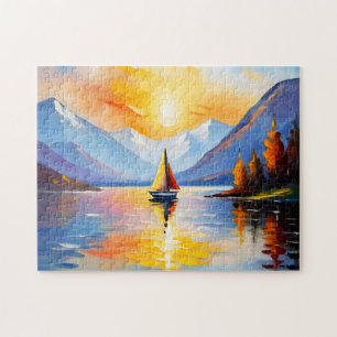 Sonnenaufgang über See und schneebedeckte Berge