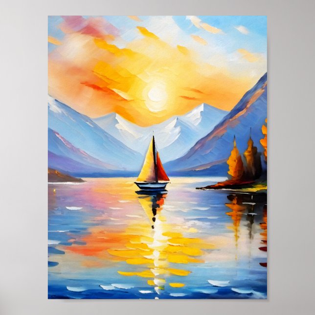 Sonnenaufgang über See und schneebedeckte Berge Poster (Vorne)