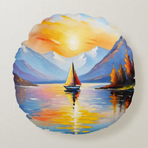 Sonnenaufgang über See und schneebedeckte Berge Rundes Kissen