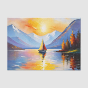 Sonnenaufgang über See und schneebedeckte Berge Seidenpapier