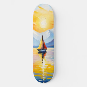 Sonnenaufgang über See und schneebedeckte Berge Skateboard
