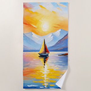 Sonnenaufgang über See und schneebedeckte Berge Strandtuch