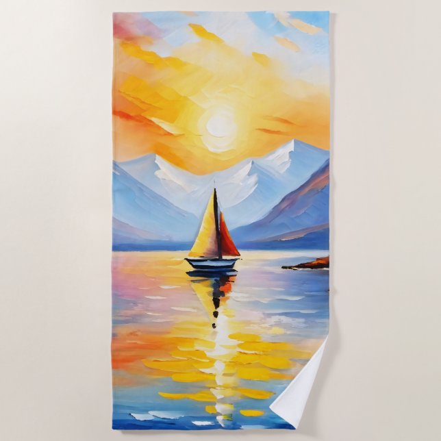 Sonnenaufgang über See und schneebedeckte Berge Strandtuch (Vorderseite)