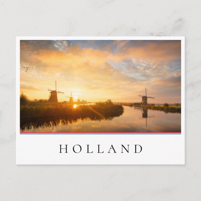 Sonnenaufgang über Windmühlen und einem Fluss in H Postkarte (Vorderseite)