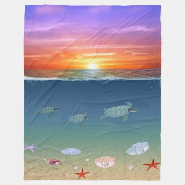 Sonnenaufgang und Meeresschildkröten Fleecedecke (Vorderseite)