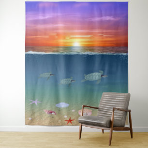 Sonnenaufgang und Meeresschildkröten Wandteppich