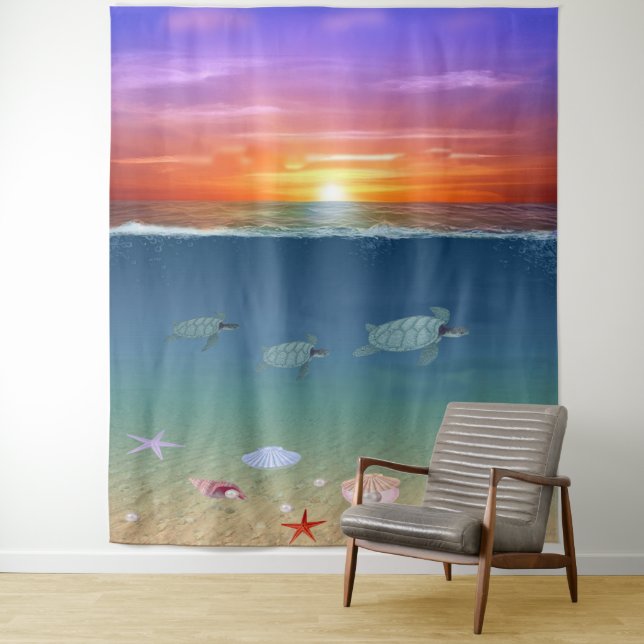 Sonnenaufgang und Meeresschildkröten Wandteppich (Beispiel)