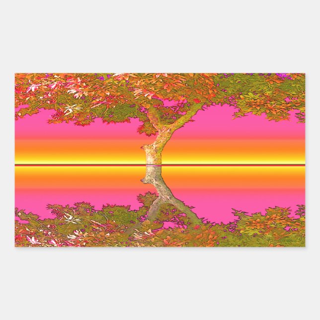 Sonnenaufgang und Sonnenuntergang mit Baum Rechteckiger Aufkleber (Vorderseite)
