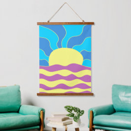 Sonnenaufgang und Wave Abstrakte Kunst Wandteppich Mit Holzrahmen