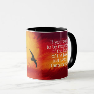 Sonnenaufgang, Vögel und Tasse religiöser Zitate