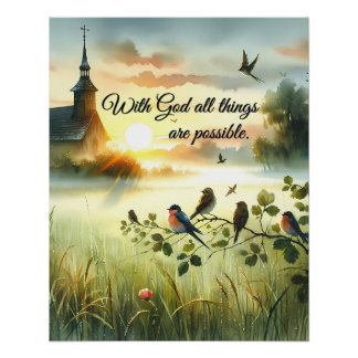 Sonnenaufgangskirche mit Vögeln auf nebliger Wiese Poster