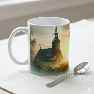 Sonnenaufgangskirche mit Vögeln in nebliger Wiese Kaffeetasse