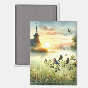 Sonnenaufgangskirche mit Vögeln in nebliger Wiese Magnet