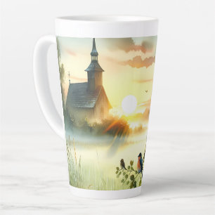 Sonnenaufgangskirche mit Vögeln in nebliger Wiese  Milchtasse