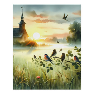 Sonnenaufgangskirche mit Vögeln in nebliger Wiese Poster