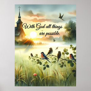Sonnenaufgangskirche mit Vögeln in nebliger Wiese Poster
