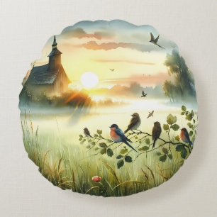 Sonnenaufgangskirche mit Vögeln in nebliger Wiese Rundes Kissen
