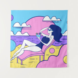 Sonnenbäder am Strand mit einem Cocktail in der Ha Wandteppich