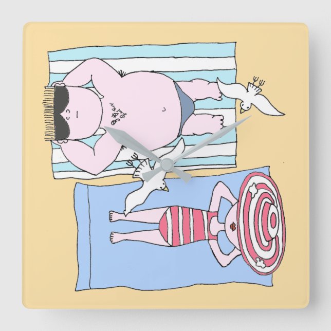 Sonnenbader bei Beach Hand Drawn Art Quadratische Wanduhr (Vorderseite)