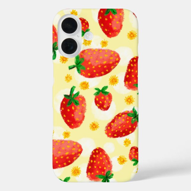 Sonnenbeleuchtete Erdbeeren & Daisies iPhone 16 Hülle (Rückseite)