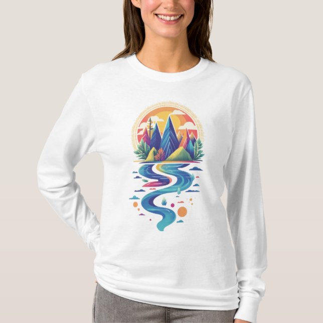 Sonnenbeleuchtete Gipfel und fließender Fluss T-Shirt (Vorderseite)