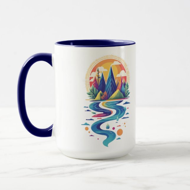 Sonnenbeleuchtete Gipfel und fließender Fluss Tasse (Links)