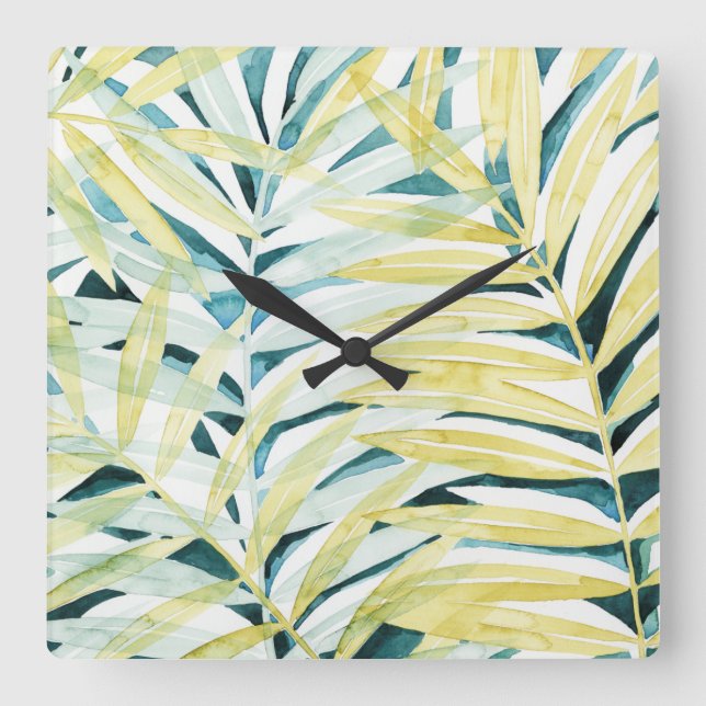 Sonnenbeleuchtete Palmen - Blätter mit Palmenbaum Quadratische Wanduhr (Vorderseite)