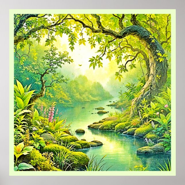 Sonnenbeleuchtete Waldlandschaft Poster (Vorne)