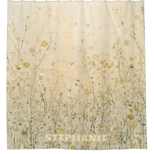 Sonnenbeleuchtete Wiese mit Wildblumen und Lichtst Duschvorhang