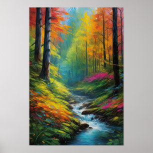 Sonnenbeleuchteter Wald und rauschender Strom Poster
