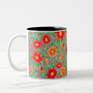 Sonnenbeschienene Blüten" - Orange und rote Blumen Zweifarbige Tasse