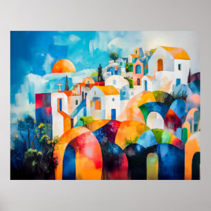 Sonnenbeschienene Santorin in expressiven Farben Poster