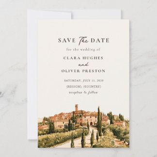 Sonnenbeschienene Toskana-Landschafts-Hügelstadt-I Save The Date