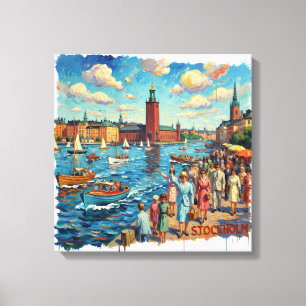 Sonnenbeschienene Uferpromenade von Stockholm Lein Leinwanddruck
