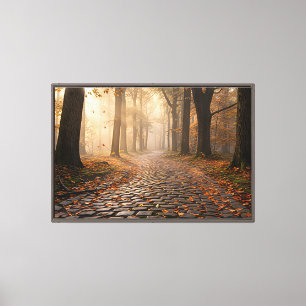 Sonnenbeschienener Herbstwald-Kopfsteinpflasterweg Leinwanddruck