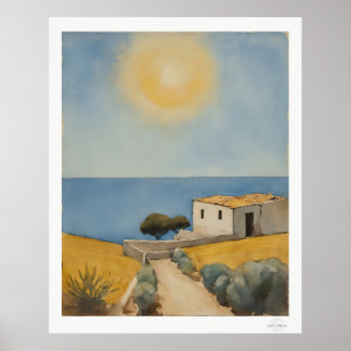 Sonnenbeschienener Küstenhaus-Landschaftsposter Poster