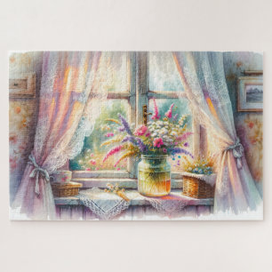 Sonnenbeschienenes Cottage-Fenster mit Wildblumen