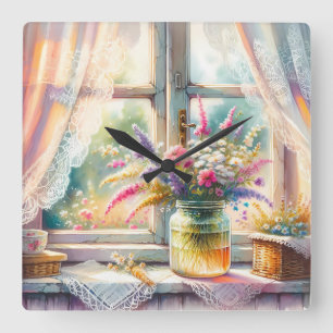 Sonnenbeschienenes Cottage-Fenster mit Wildblumen Quadratische Wanduhr