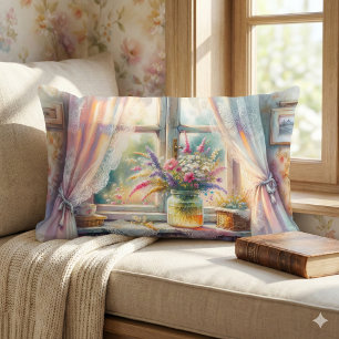 Sonnenbeschienenes Cottage-Fenster Wildblumen Lendenkissen