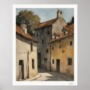 Sonnenbeschienenes Dorfstraßenplakat Poster