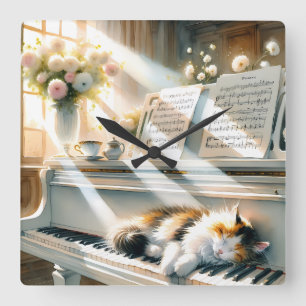 Sonnenbeschienenes Klavier Katzen Cottagecore Trau Quadratische Wanduhr