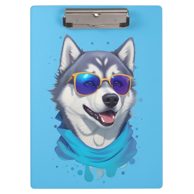 Sonnenblasen tragender Husky-Hund in spielerischer Klemmbrett (Vorderseite)