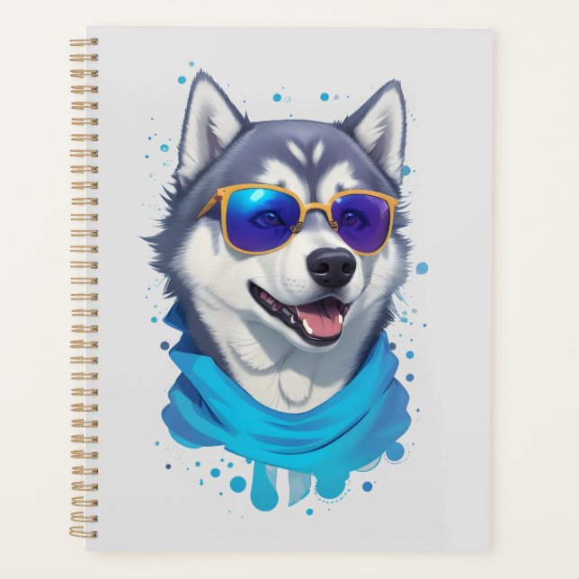 Sonnenblasen tragender Husky-Hund in spielerischer Planer (Vorderseite)