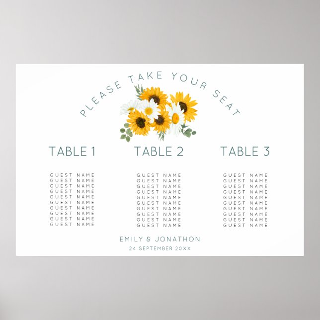 Sonnenblume 30 Gäste 3 Tische mit Sitzplan Poster (Vorne)