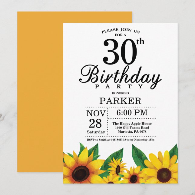 Sonnenblume 30. Geburtstag Einladung (Vorne/Hinten)