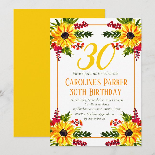 Sonnenblume 30. Geburtstag Gelbes Blütenerwachsen Einladung (Vorne/Hinten)