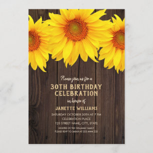 Sonnenblume 30. Geburtstag Party Rustikales Holz Einladung