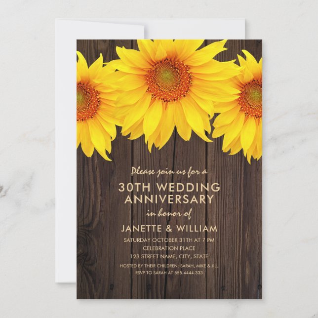 Sonnenblume 30. Hochzeitstag Rustikales Holz Einladung (Vorderseite)